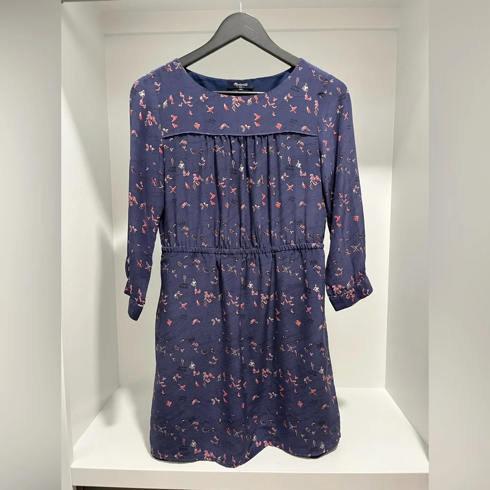 Madewell Navy Birdslife Print Dress 100% Silk lined Womens size 0